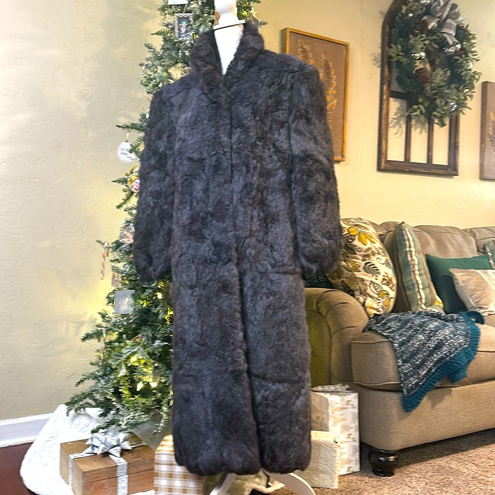 Rabbit Fur Long Chocolate Brown & Grey Coat Vintage Size Large with pockets